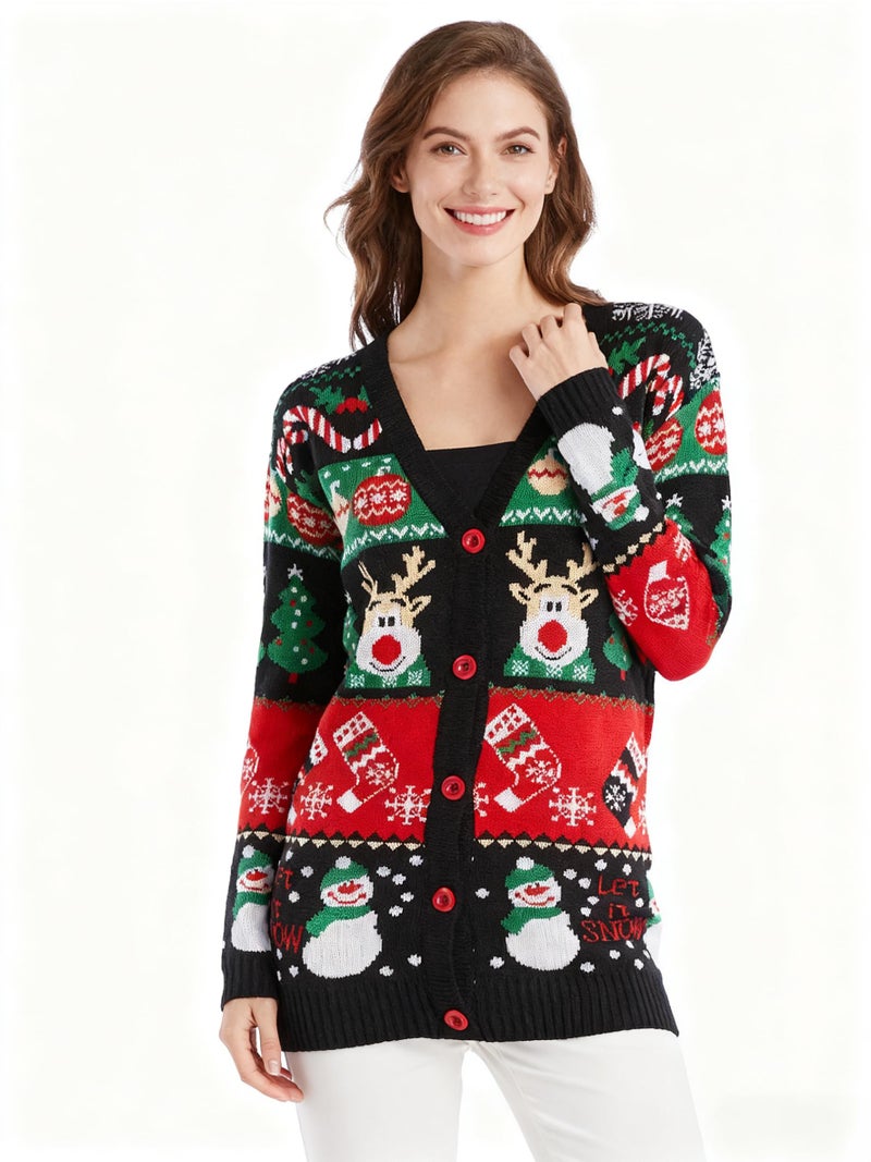 v28 Ugly Christmas Sweater for Women Reindeer Funny Merry V Neck Long Sleeve Knit Sweaters Cardigan (M, Snowman Black) - Image 3